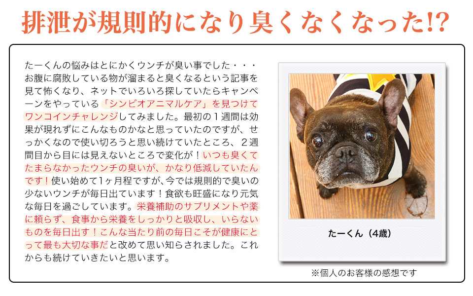 たーくん：規則的になり臭くなくなった！ワンコインチャレンジでシンビオアニマルケアを試してみました。臭くてたまらなかったウンチの臭いがかなり低減しました！食欲も旺盛で元気な毎日を過ごしています